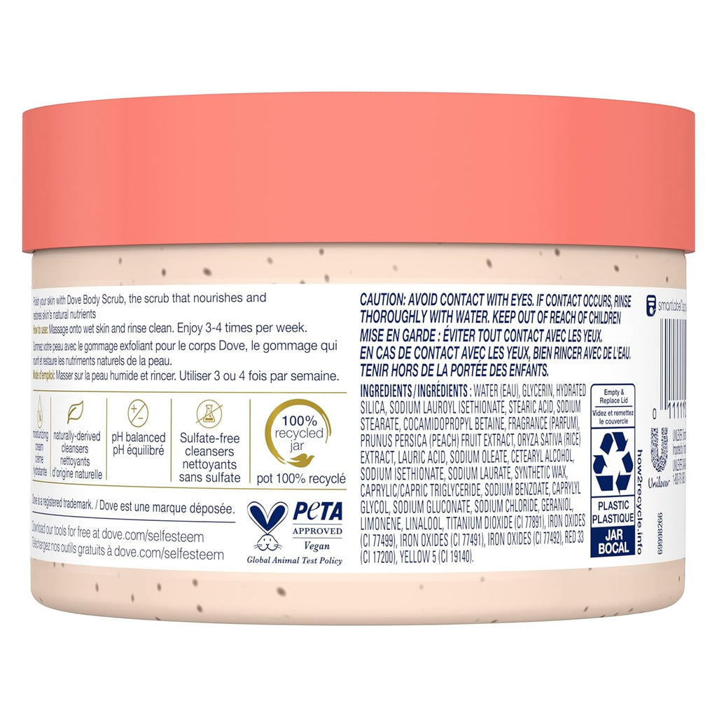 Dove Body Scrub White Peach & Crushed Rice 3 Count for Visibly Silky-Smooth, Nourished Skin, with ¼ Moisturizing Cream