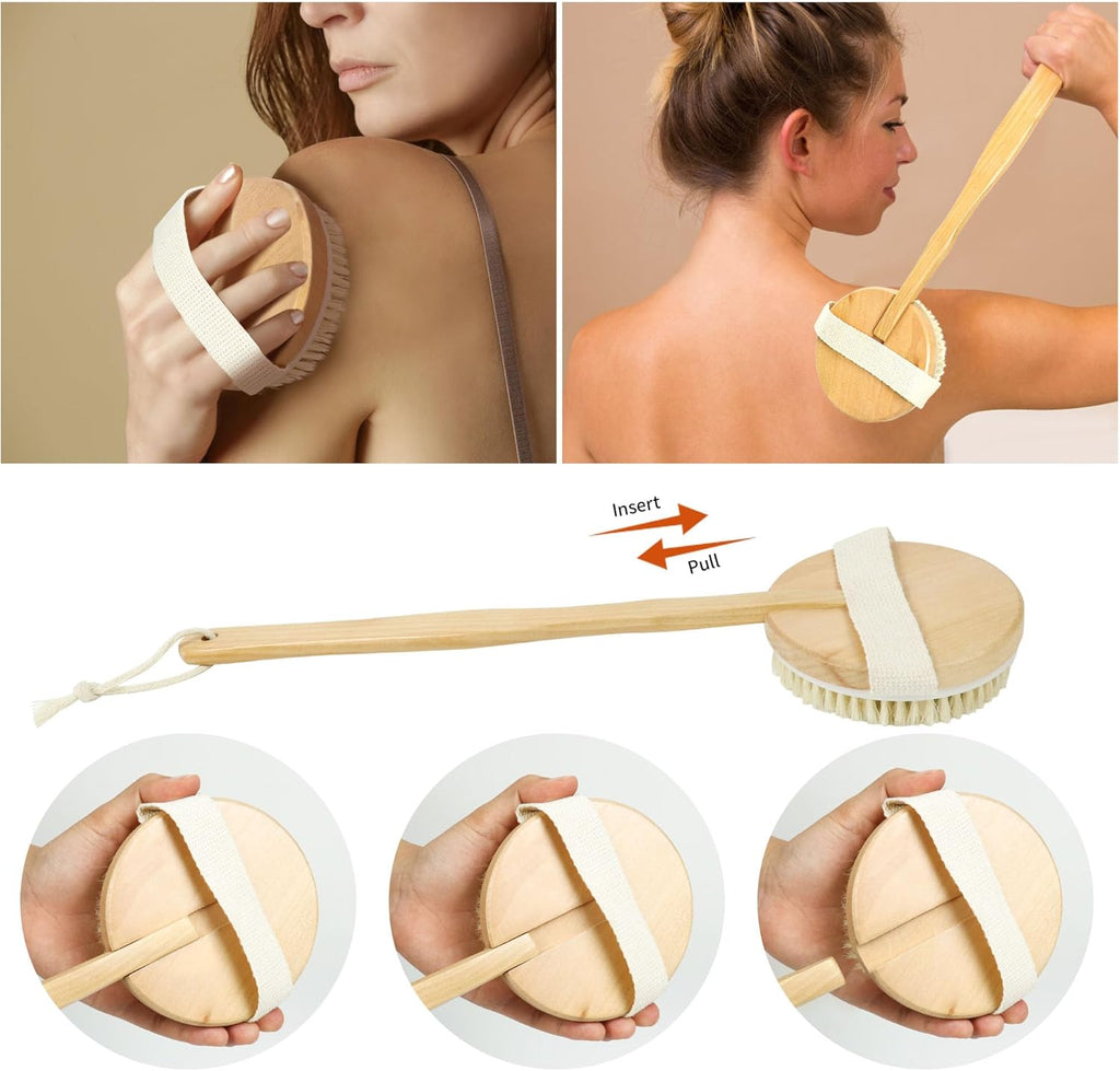 Wooden Shower Body Brush，Boar Bristle Brush with Detachable Hand Grip Handle for Dry Skin Brushing，Anti Cellulite，Blood Circulation, Skin Smoothing