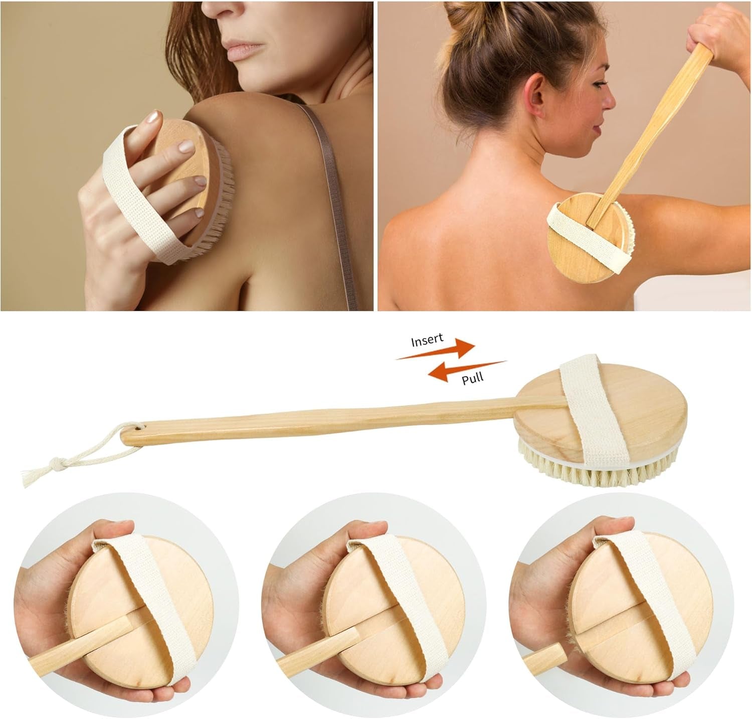 Wooden Shower Body Brush，Boar Bristle Brush with Detachable Hand Grip Handle for Dry Skin Brushing，Anti Cellulite，Blood Circulation, Skin Smoothing