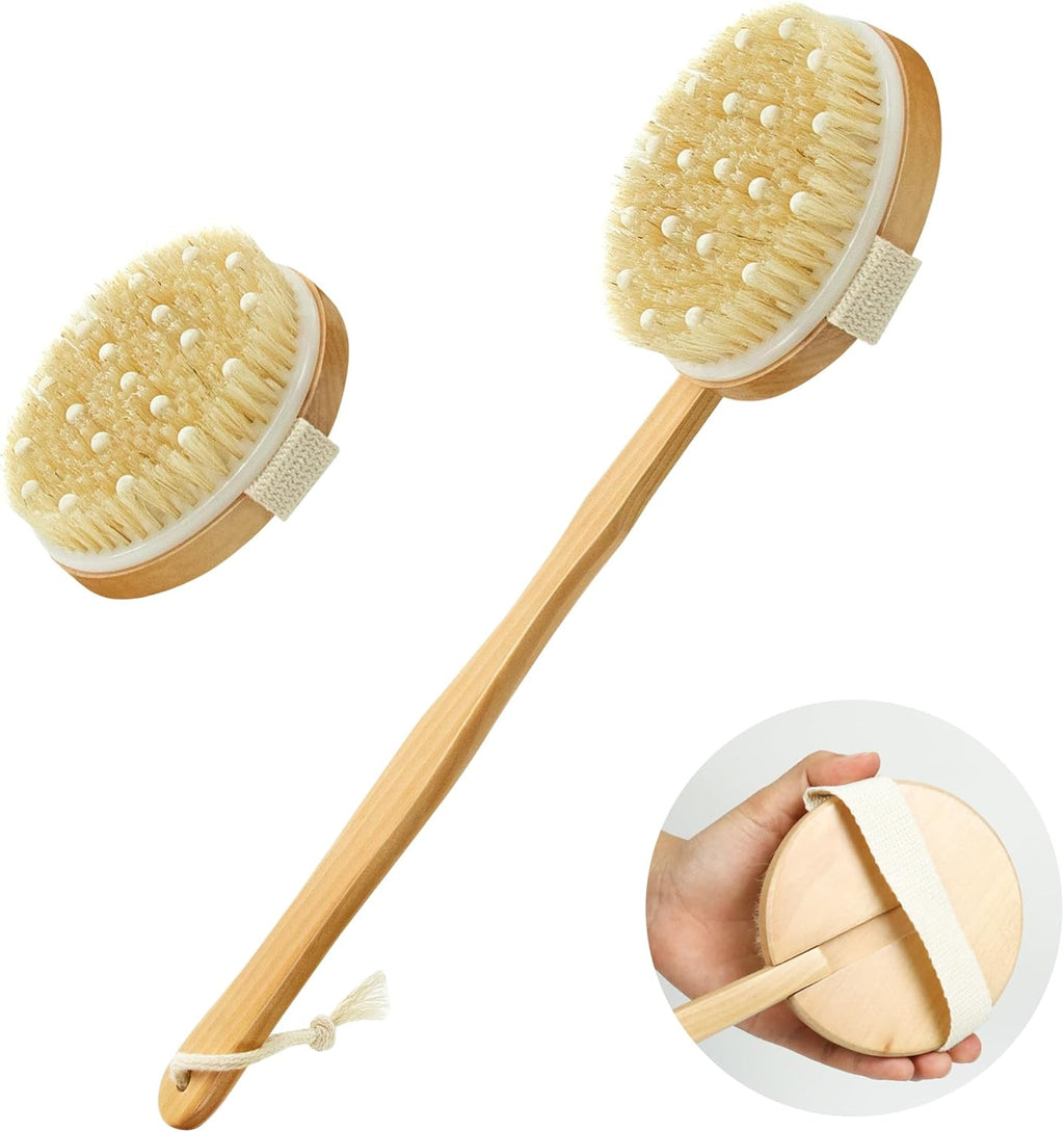 Wooden Shower Body Brush，Boar Bristle Brush with Detachable Hand Grip Handle for Dry Skin Brushing，Anti Cellulite，Blood Circulation, Skin Smoothing