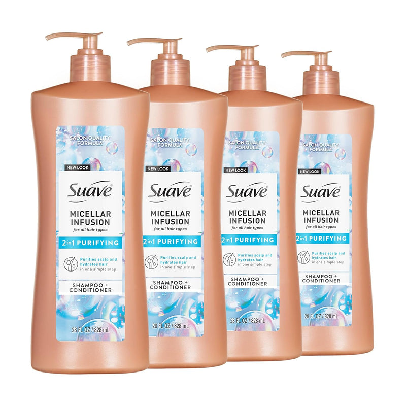 2 in 1 Shampoo and Conditioner with Micellar Infusion, Cleansing and Conditoning for All Hair Types, 28 Oz Pack of 4