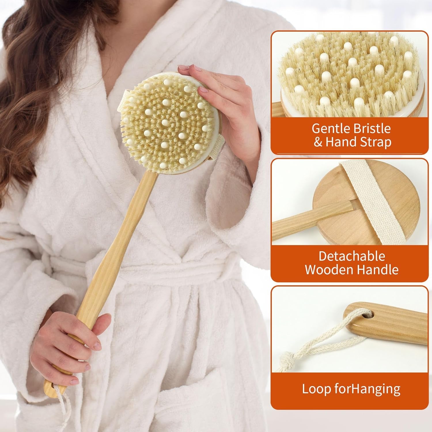 Wooden Shower Body Brush，Boar Bristle Brush with Detachable Hand Grip Handle for Dry Skin Brushing，Anti Cellulite，Blood Circulation, Skin Smoothing