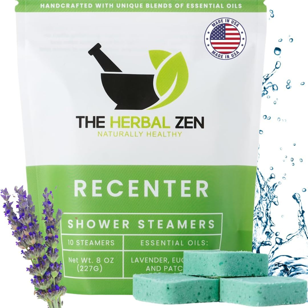Recenter Shower Steamers Aromatherapy for Relaxing - Christmas Gift - Adult Stocking Stuffer - USA Made - Lavender & Eucalyptus Shower Bomb Tablets - Soothing Natural Essential Oils (10 Pack)