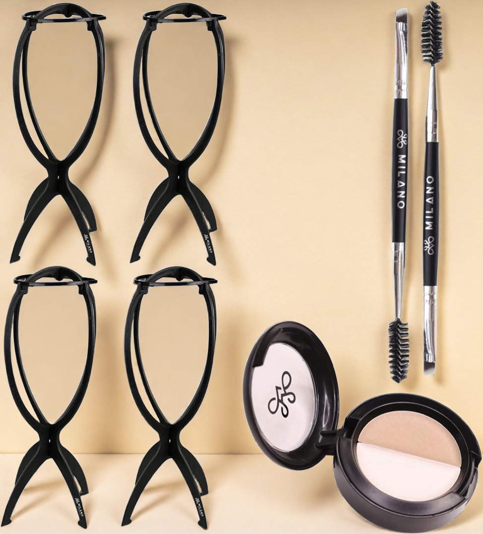 Bundle Scalp Illusion Duo + Wig Stands, Wig Scalp Makeup Palette for Lace Fronts & Lace and Skin Top Wigs + 4-Pack Wig Stands for Drying, Styling, or Displaying