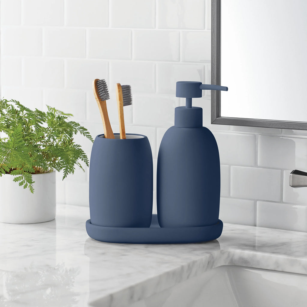 Ceramic Stoneware Bath Accessories 3-Piece Set, Blue – Soap Pump Dispenser, Tumbler, and Accessory Tray
