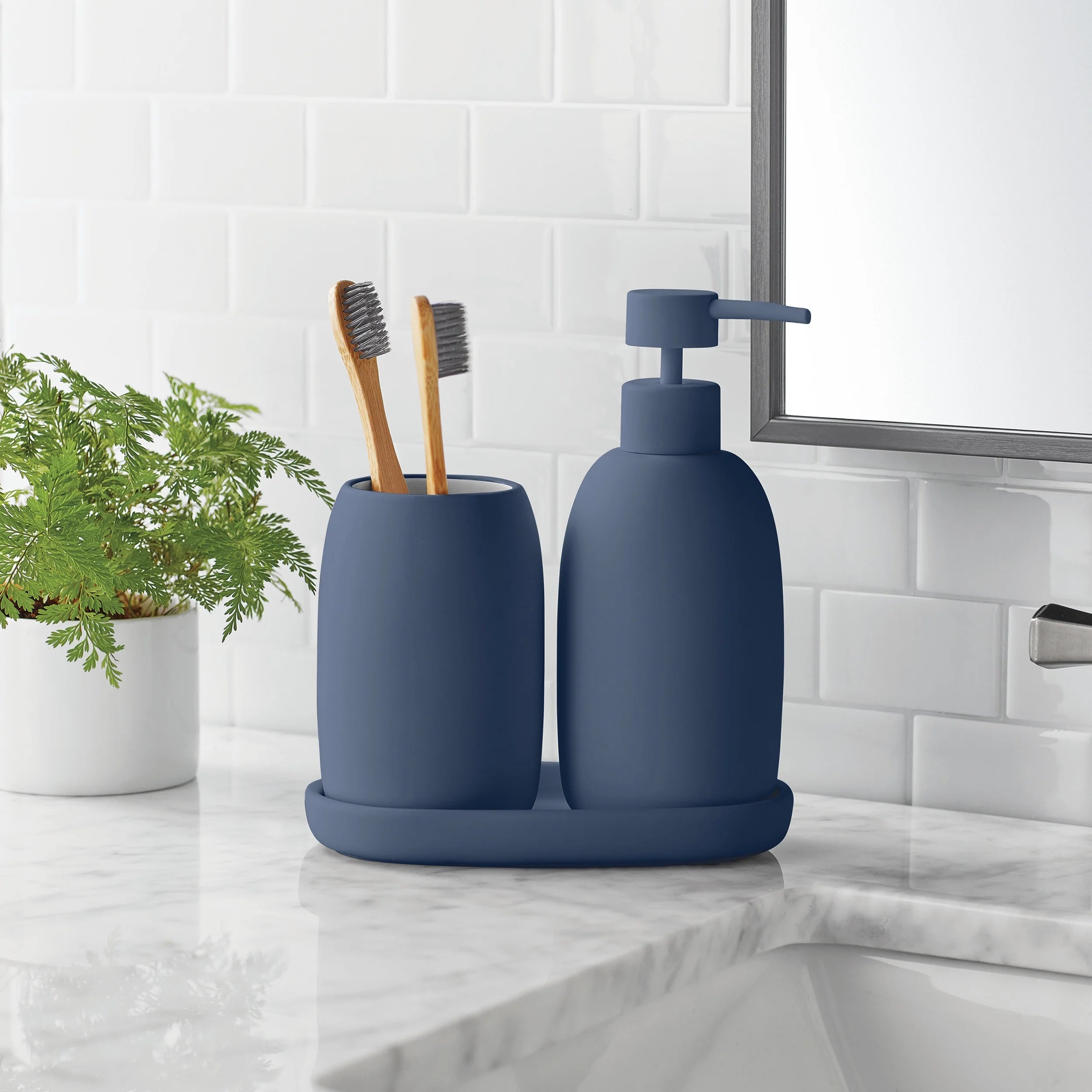 Ceramic Stoneware Bath Accessories 3-Piece Set, Blue – Soap Pump Dispenser, Tumbler, and Accessory Tray