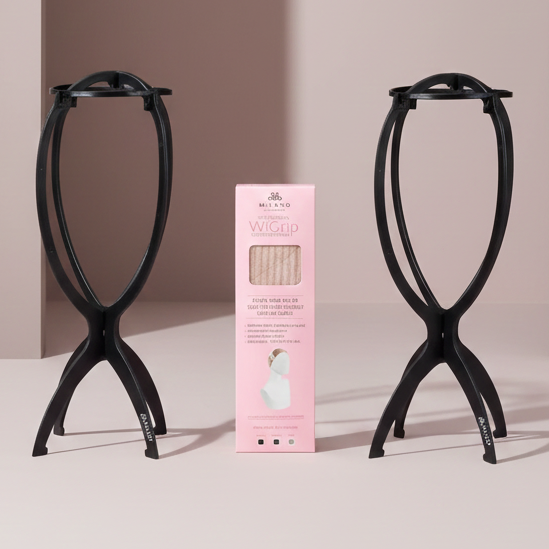 Bundle Wig Grip Band + Wig Stands, Non Slip Extra Hold Tan Wig Band for Wigs and Frontals + 4-Pack Wig Stands for Drying, Styling, or Displaying