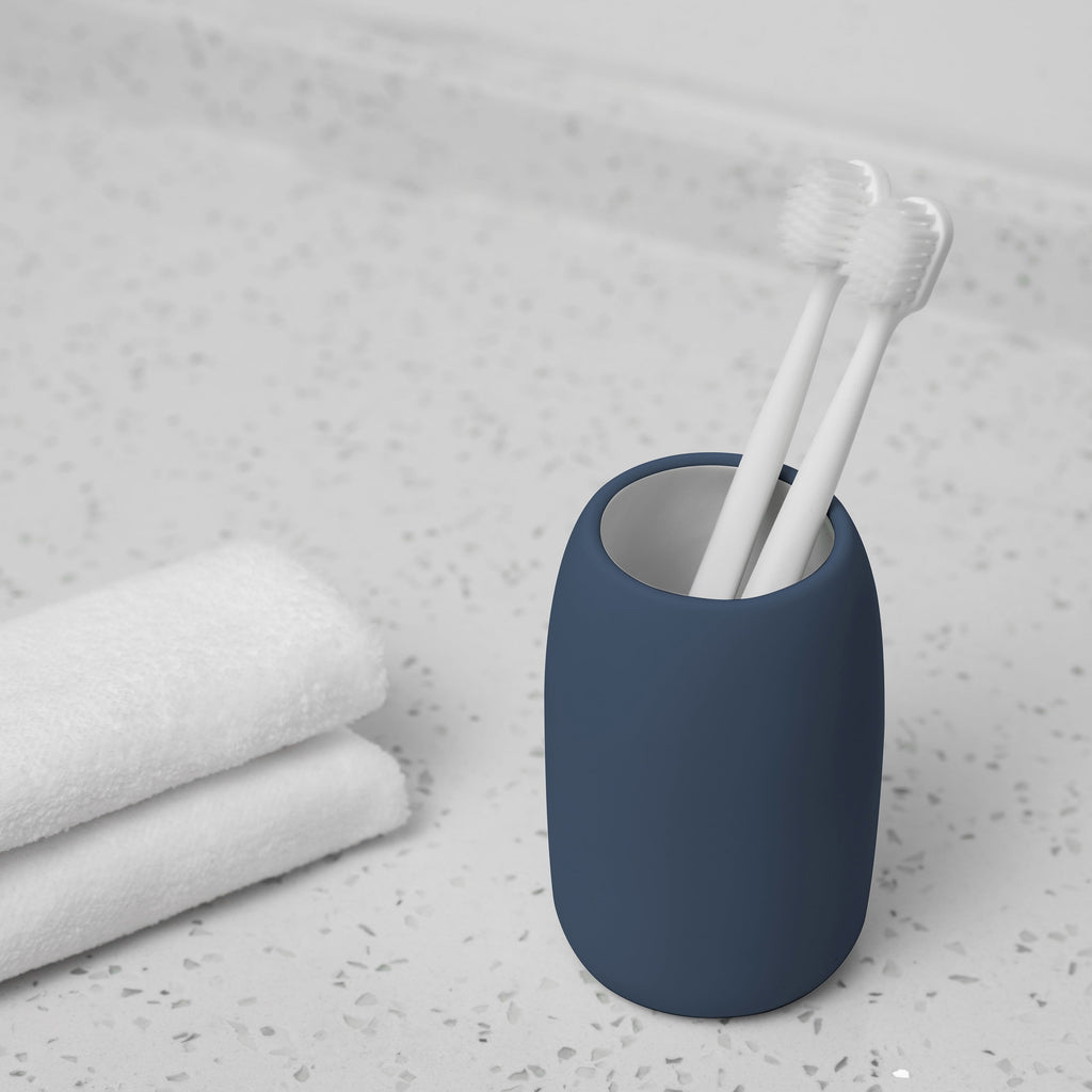 Ceramic Stoneware Bath Accessories 3-Piece Set, Blue – Soap Pump Dispenser, Tumbler, and Accessory Tray