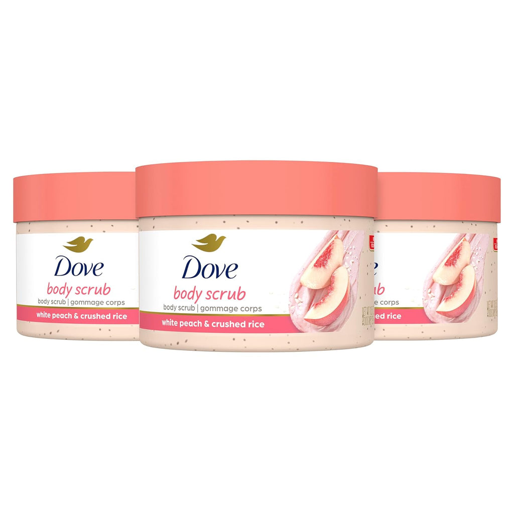 Dove Body Scrub White Peach & Crushed Rice 3 Count for Visibly Silky-Smooth, Nourished Skin, with ¼ Moisturizing Cream