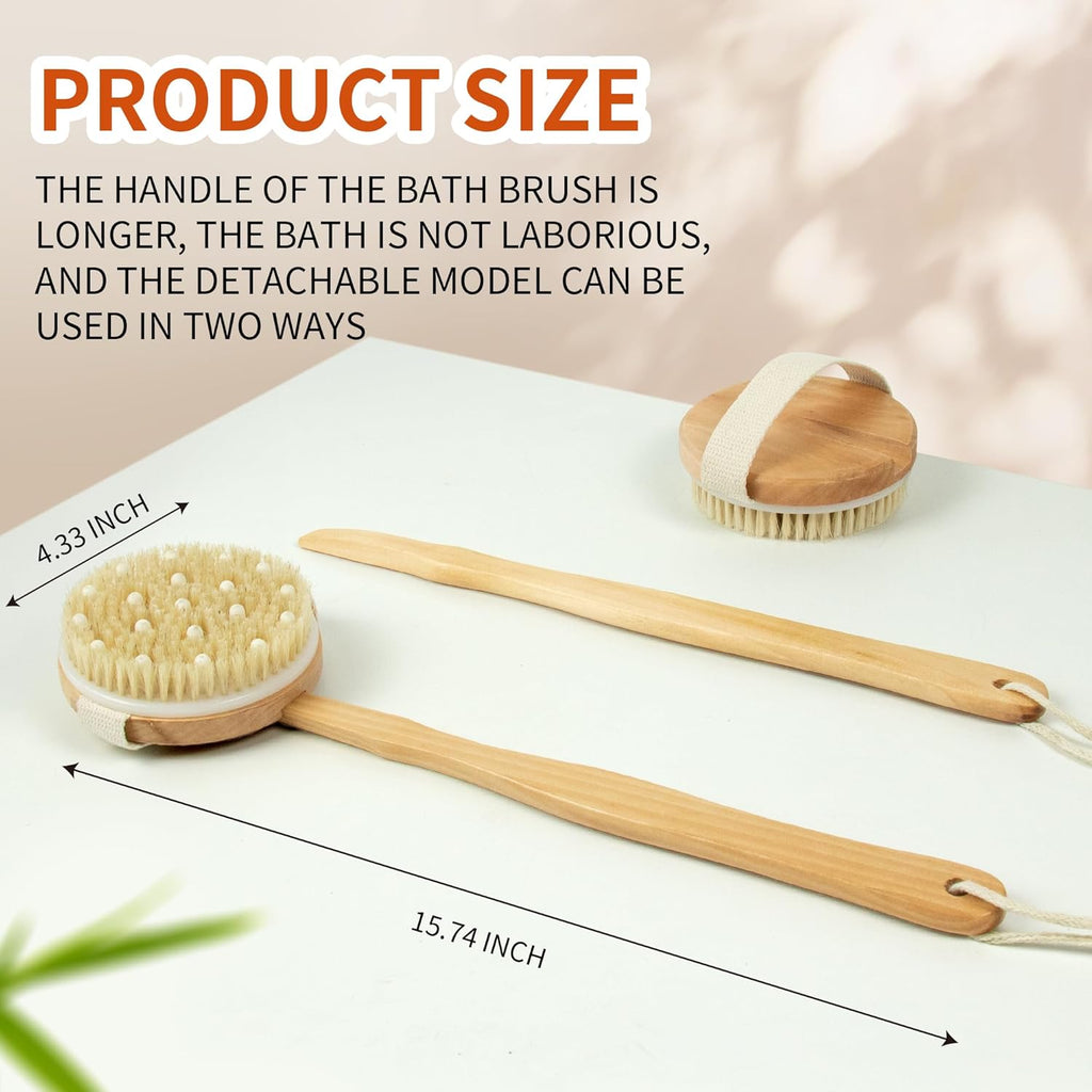 Wooden Shower Body Brush，Boar Bristle Brush with Detachable Hand Grip Handle for Dry Skin Brushing，Anti Cellulite，Blood Circulation, Skin Smoothing