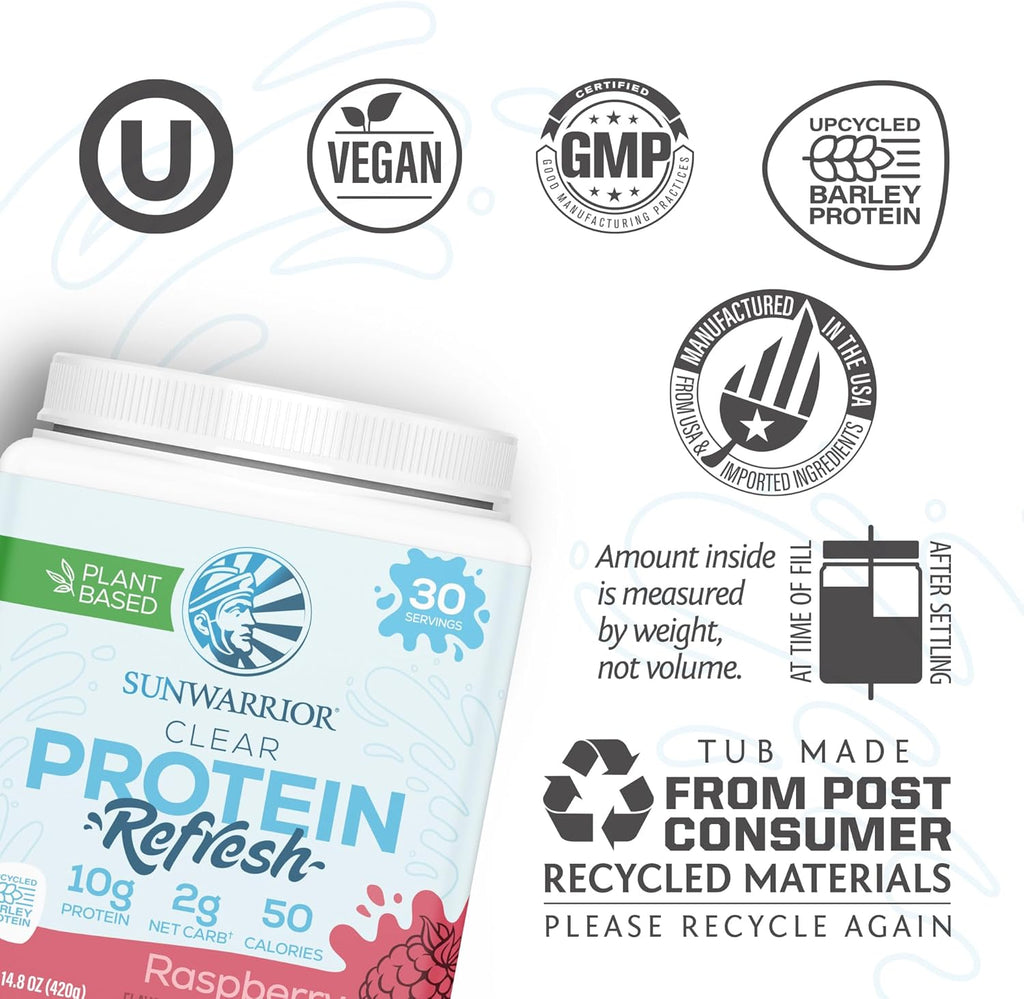 Clear Protein Powder - Plant-Based Hydration Supplement, Vegan Raspberry Flavor, 10g Protein per Serving, 420g Tub (30 Servings)