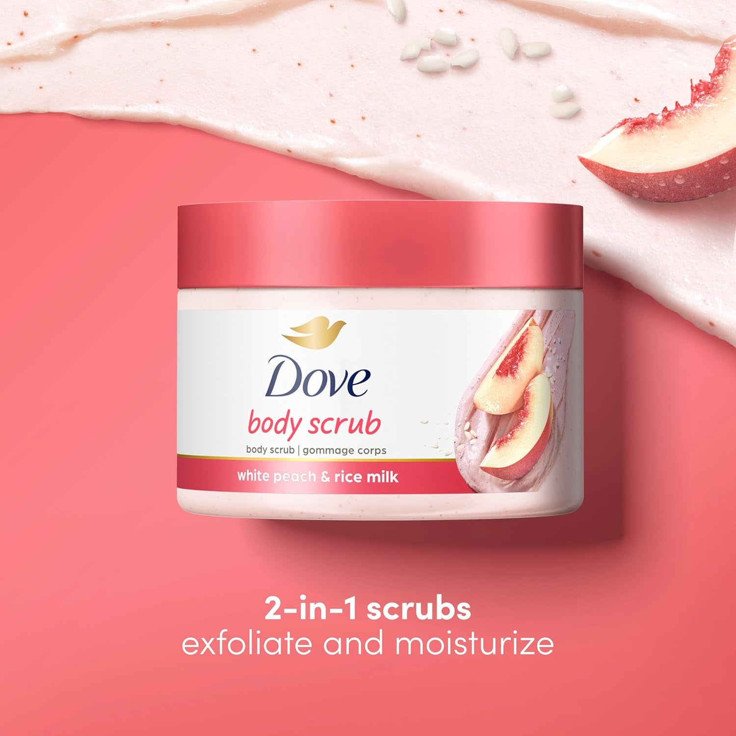 Dove Body Scrub White Peach & Crushed Rice 3 Count for Visibly Silky-Smooth, Nourished Skin, with ¼ Moisturizing Cream
