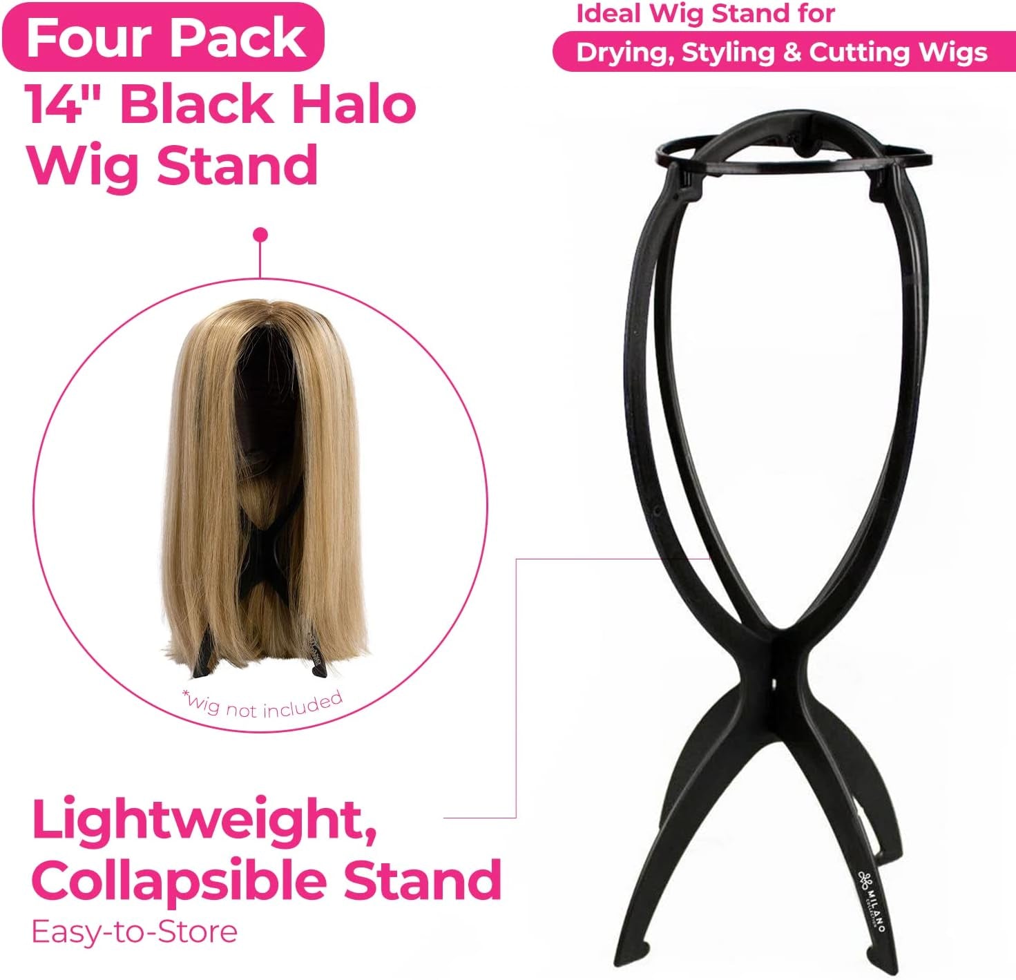 Milano Collapsible Wig Stand for Styling and Multiple Wig Holders, Portable, Perfect for Travel and Salons, 4-Pack