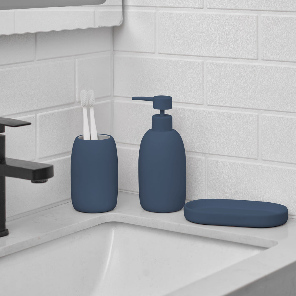 Ceramic Stoneware Bath Accessories 3-Piece Set, Blue – Soap Pump Dispenser, Tumbler, and Accessory Tray